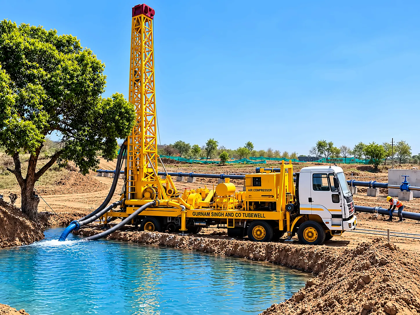 A completed bore in full discharge beside the rig, water running into a lined pond with the pipeline behind