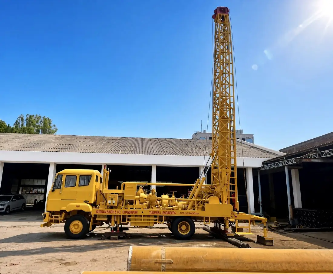 Drilling rig with its mast raised beside the workshop at Industrial Area Phase-II, Chandigarh