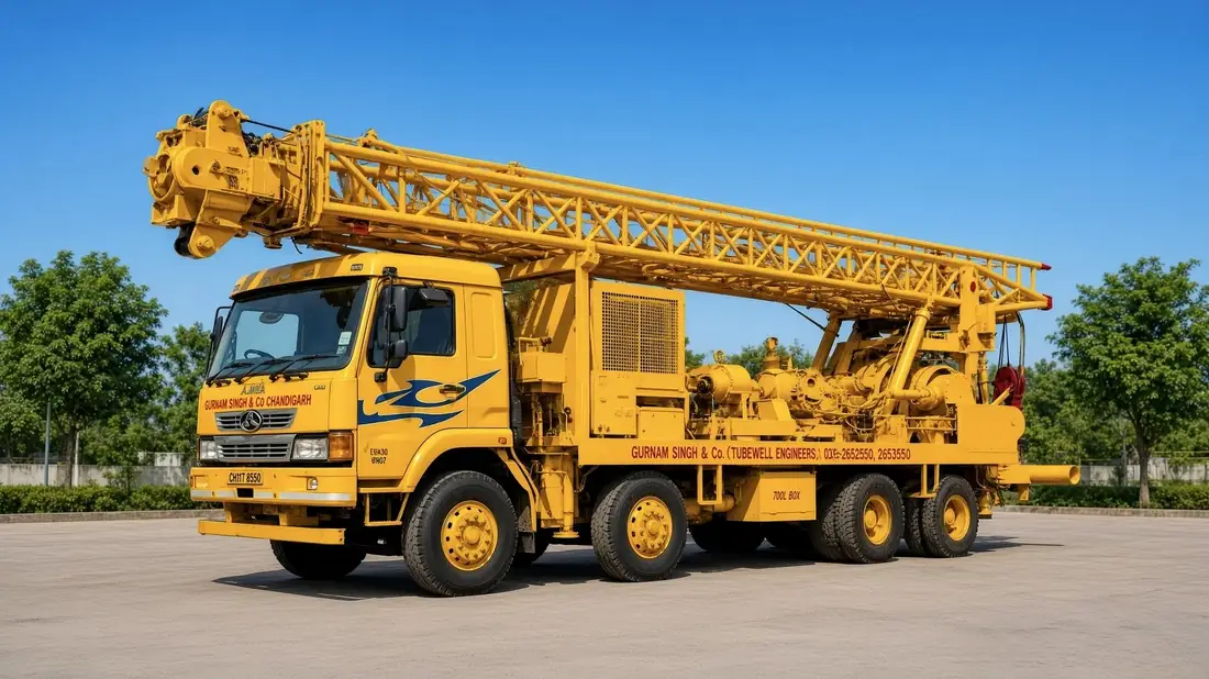 Gurnam Singh and Company reverse rotary rig in full side profile under a clear blue sky