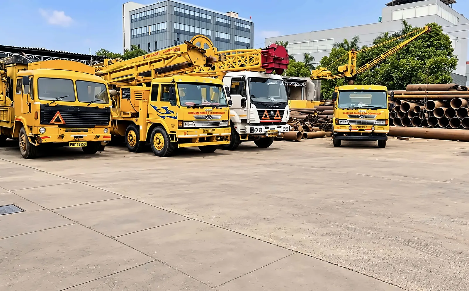 Gurnam Singh & Co. drilling rigs, support units and drill casing at the Chandigarh yard