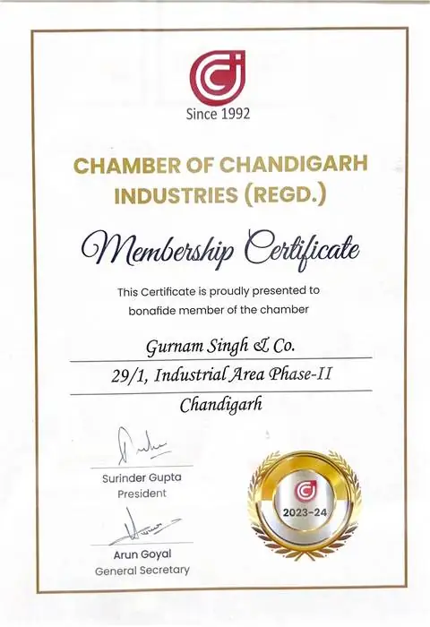 Chamber of Chandigarh Industries membership certificate