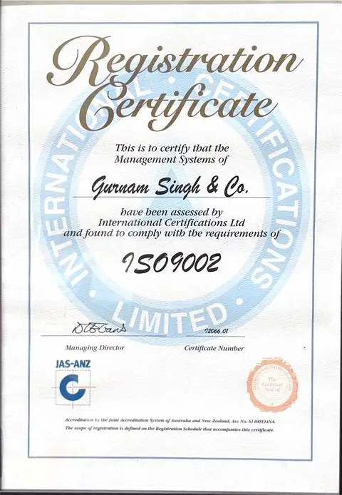 ISO 9002 registration certificate