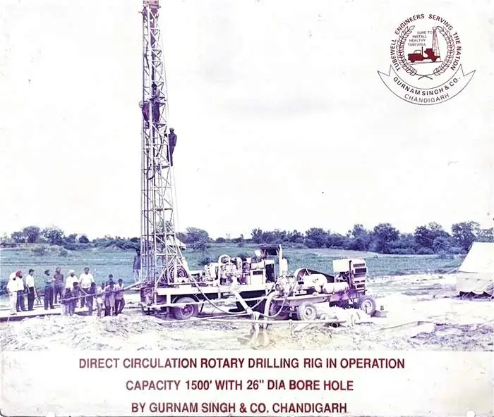 Direct circulation rotary drilling rig in operation, 1,500 ft with 26 inch bore