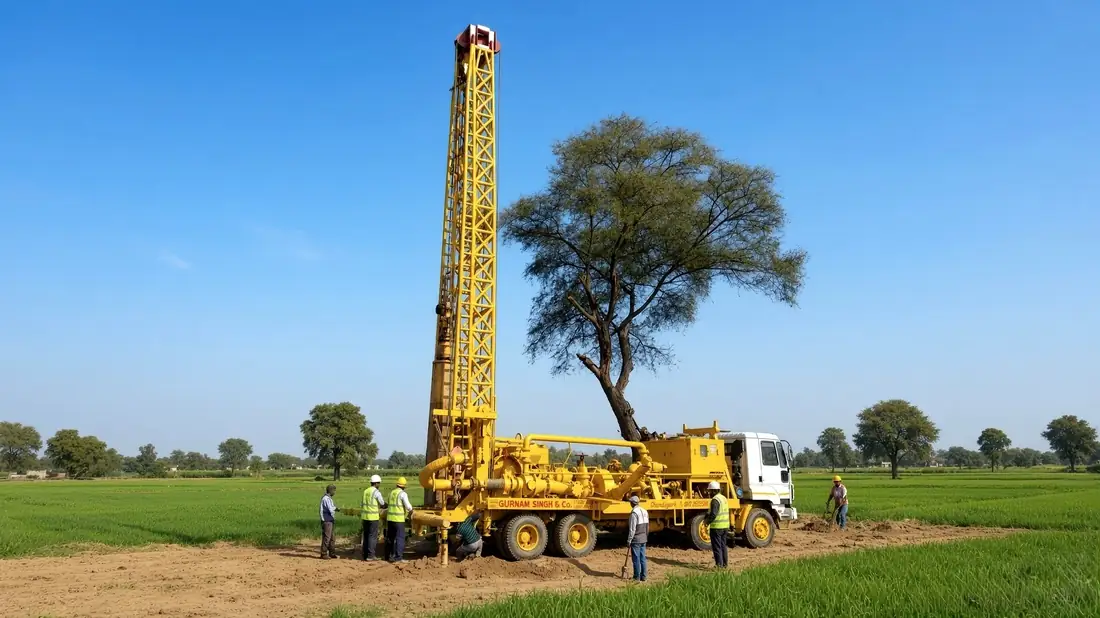 Reverse rotary drilling rig at work in a Punjab field
